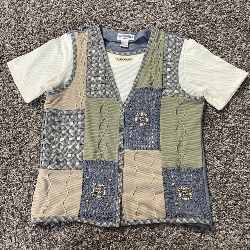 Alfred Dunner Casual Top Petite Small PS Blue Green Patchwork Crochet Knit Indie